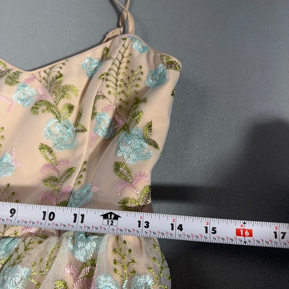 Vintage Floral Embroidered Tiered Maxi Dress Cream Blue Pink Small V-Neck Tulle - Picture 5 of 7